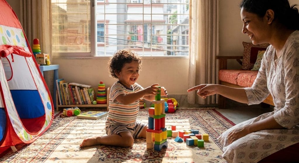 Active toddler engaged in developmental play at home in Notunbazar