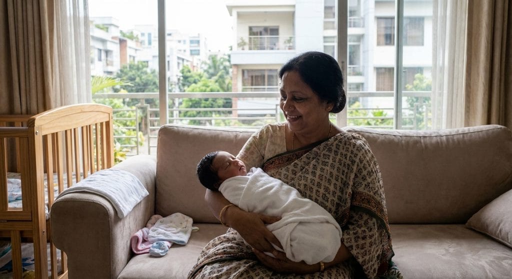 Newborn infant resting safely with home caregiver in Baridhara DOHS
